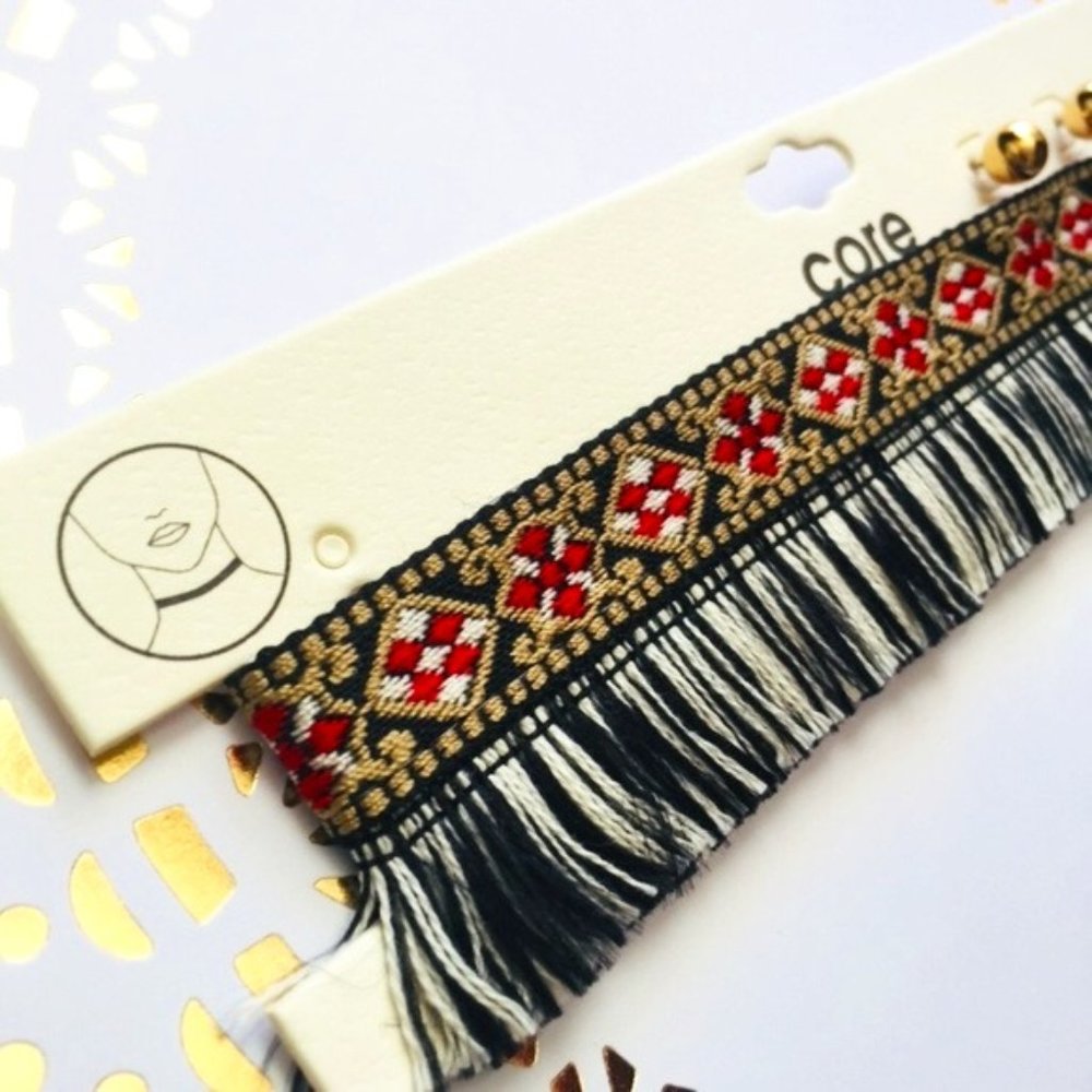 NEW Fabric Diamond Print Fringe Boho Choker w/ Stud Earrings